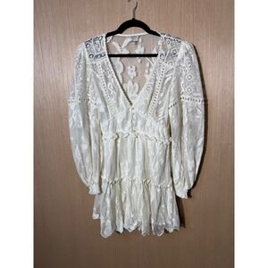 Hemant Nandita $450 Mini Dress White Lace Floral Balloon Sleeve Boho Cottagecore